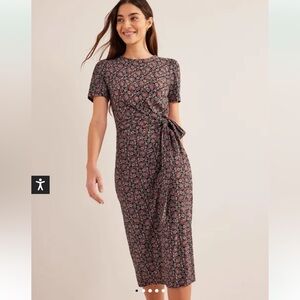 Boden Knot Front Short Sleeve Jersey Midi Dress Black Block Paisley Print Sz 4